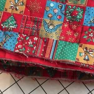Vintage Quilted Christmas Fabric Panel – 42”x42” Patchwork Angels Trees Bells